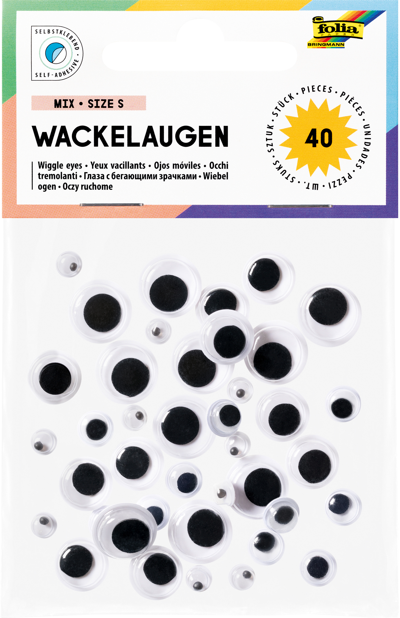 Packung mit 40 Wackelaugen in verschiedenen Größen. Runde Form, schwarze Mitte auf transparentem Hintergrund. Selbstklebend.