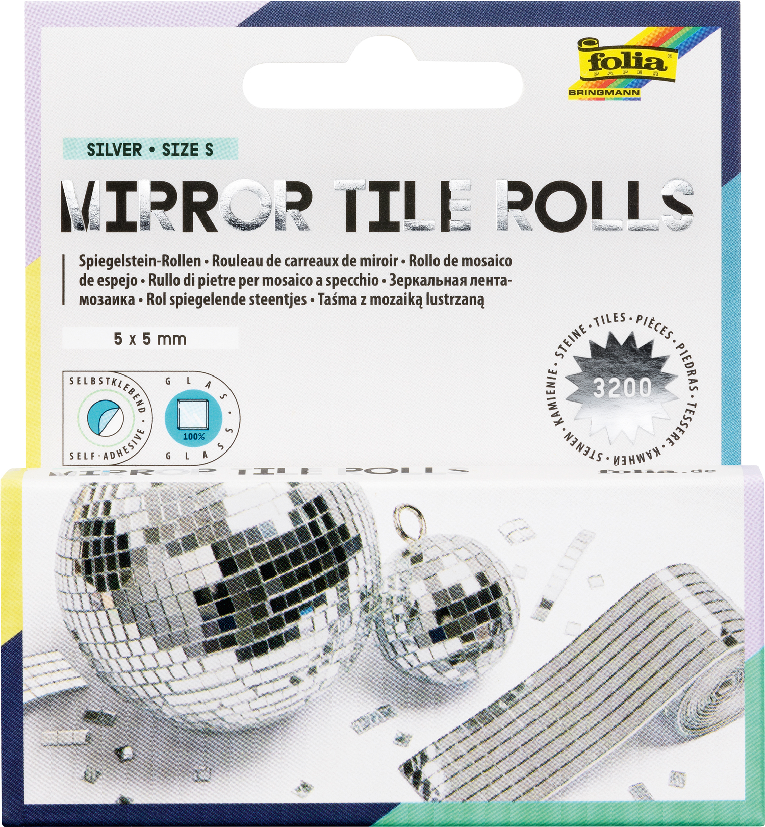 Selbstklebende Spiegelstein-Rollen. Größe 5 x 5 mm. Verpackung zeigt glänzende, spiegelnde Flächen. Ideal für Bastelprojekte.