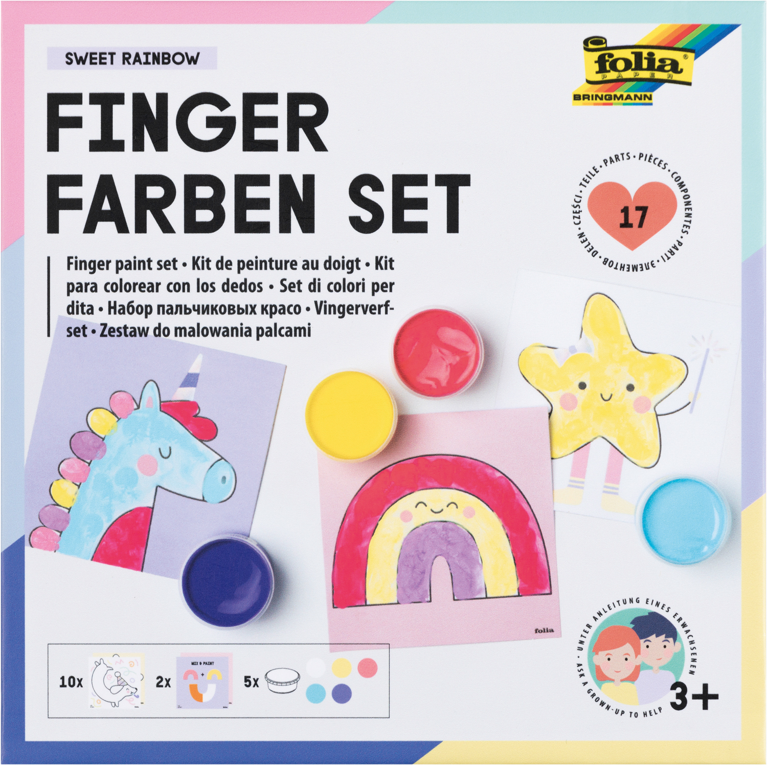 Fingerfarben-Set mit fünf Farbtöpfen. Farben: rot, gelb, blau, lila, pink. Enthält drei Bilder zum Ausmalen: Ein Einhorn, ein Regenbogen und einen Stern. Geeignet für Kinder ab 3 Jahren.