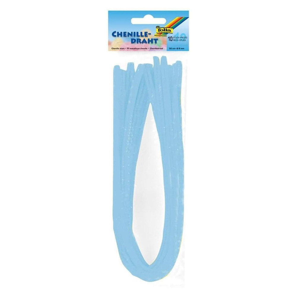 Zehn blaue Chenilledrähte in einer Verpackung. Jeder Draht ist 30 cm lang und 8 mm dick.
