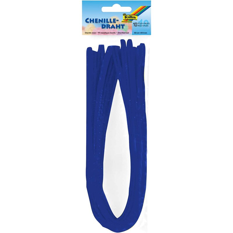 10 blaue Chenilledrähte in einer Verpackung. Jeder Draht ist 50 cm lang.
