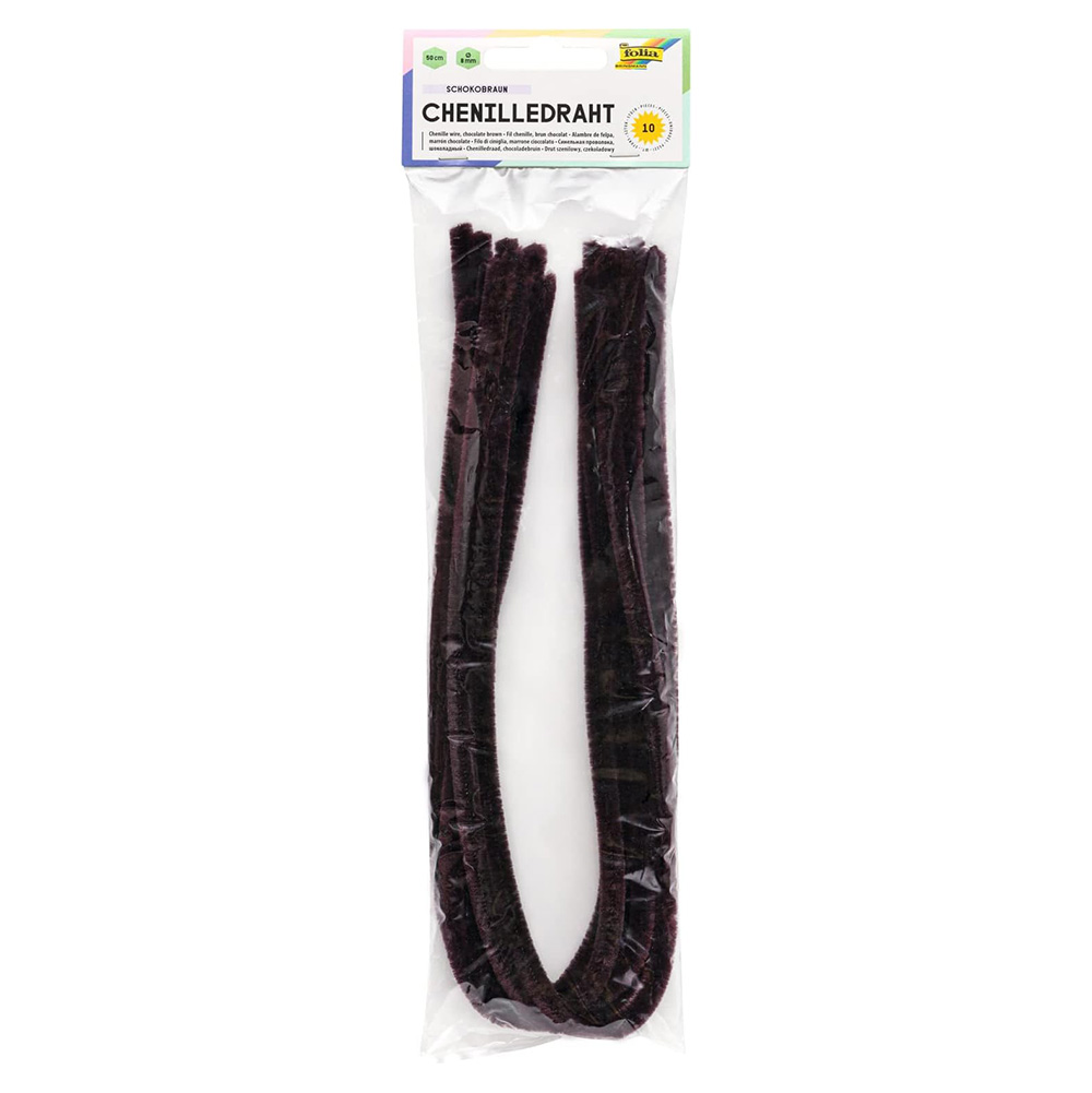 Dunkelbraune Chenilledraht-Streifen in einer transparenten Verpackung. Insgesamt zehn Stück.