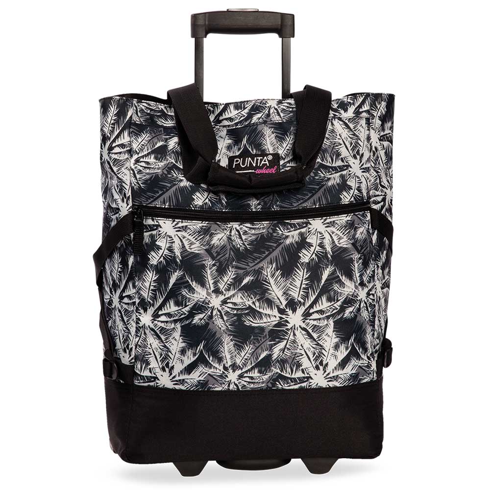 Schwarze Tasche mit Rollen und einem Muster aus weißen Palmblättern. Sie hat zwei Tragegriffe und einen Reißverschluss.