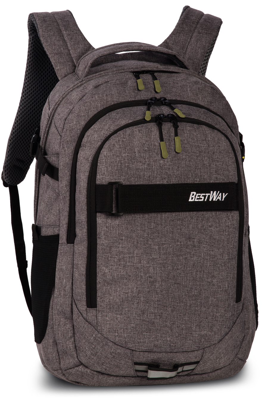 Grauer Rucksack mit mehreren Fächern und Reißverschlüssen. Ergonomische Schultergurte.