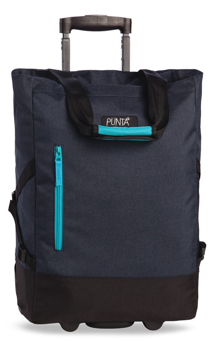 Dunkelblaue Tasche mit Rollen und Teleskopgriff. Seitliche Reißverschlusstasche in Türkis.
