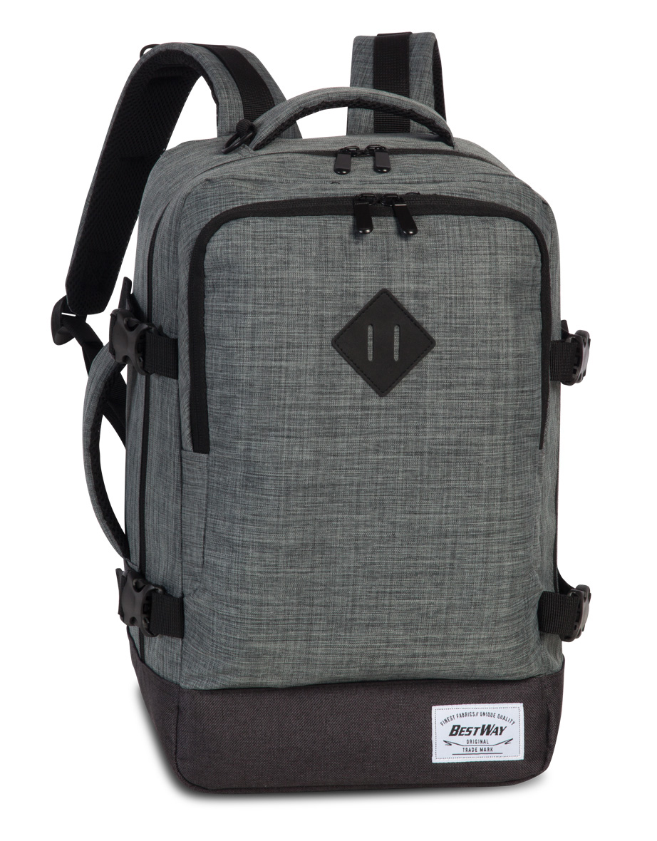 Grauer Rucksack mit zwei Schulterriemen. Die Vorderseite hat eine klare Struktur und einen schwarzen Boden.