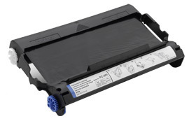 Schwarze Tonerkartusche für Drucker. Sie hat zwei seitliche Griffe und eine blaue Markierung.