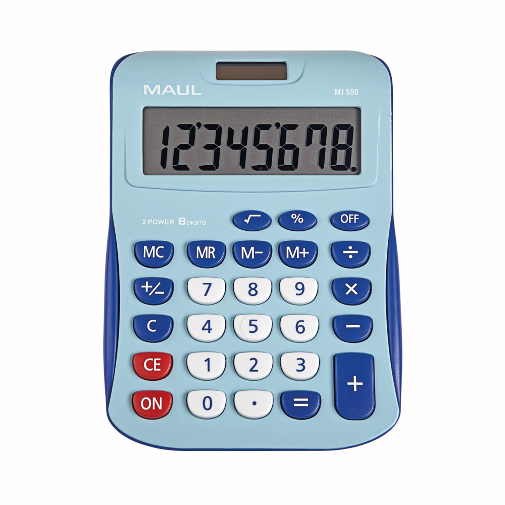 Taschenrechner in blau mit großen Tasten. Display zeigt die Zahlen 12345678. Funktionen für Grundrechenarten und Speicher.