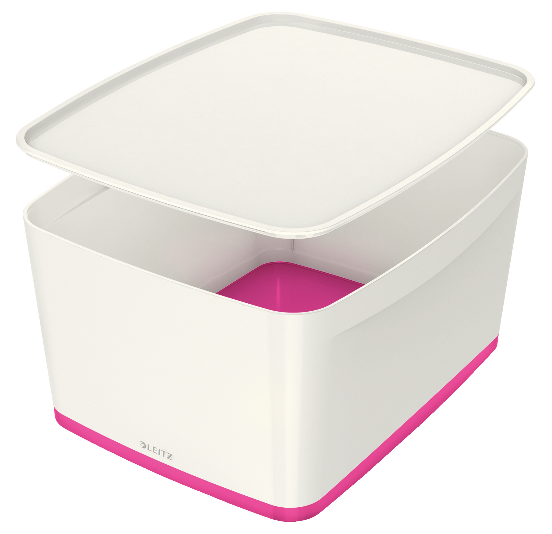 weiße Aufbewahrungsbox mit pinkem Boden. Abnehmbarer Deckel. Rechteckige Form. Innenraum in pink.