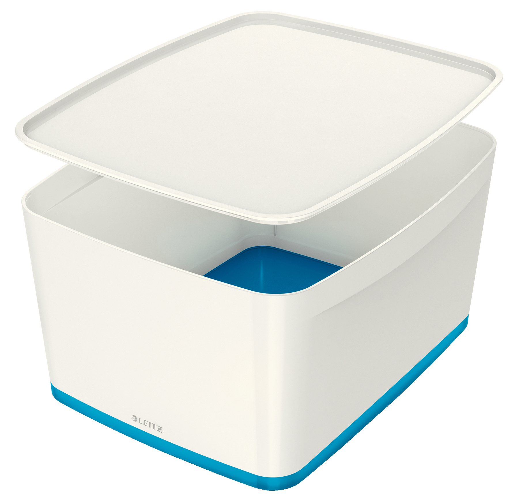 weiße Aufbewahrungsbox mit blauer Unterseite. Der Deckel ist abnehmbar.