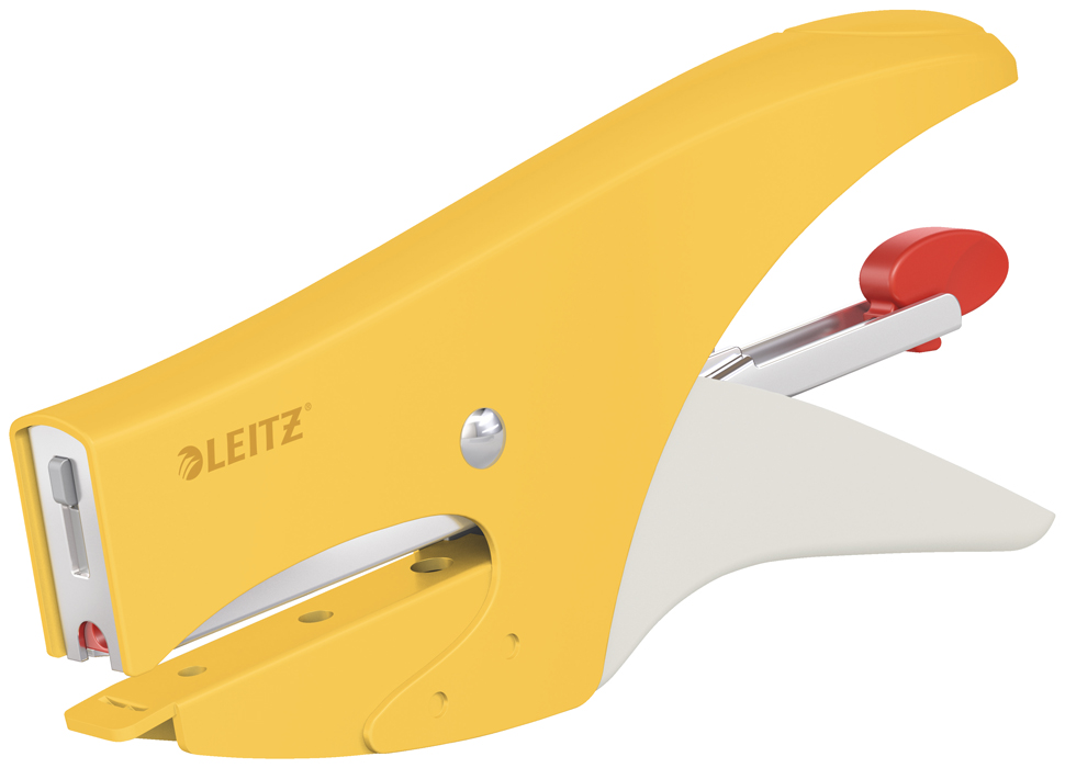 Gelber Hefter mit ergonomischem Design. Der Auslöser ist rot und die Klammeraufnahme ist sichtbar.