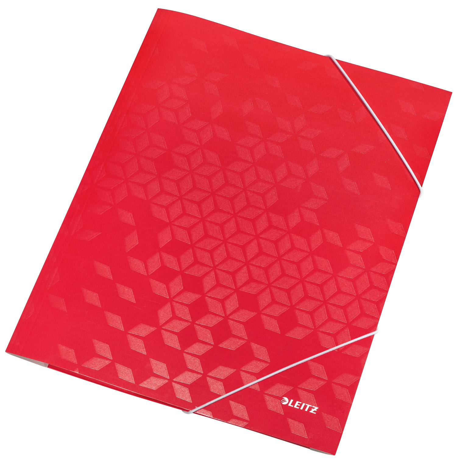 Roter Ordner mit geometrischem Muster. Gummibandverschluss auf der Seite.