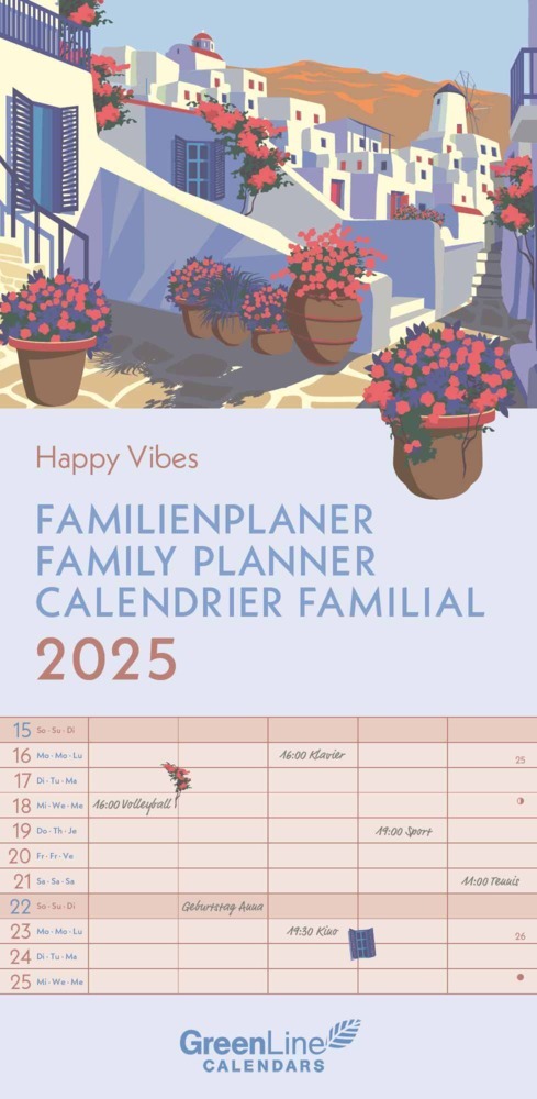 GreenLine - Happy Vibes 2025 Familienplaner, 22x45cm, Familienkalender mit effizienter Monatsaufteilung in 5 Spalten, für Familienorganisation, Schulferien und Stundenpläne, mit Spiralbindun