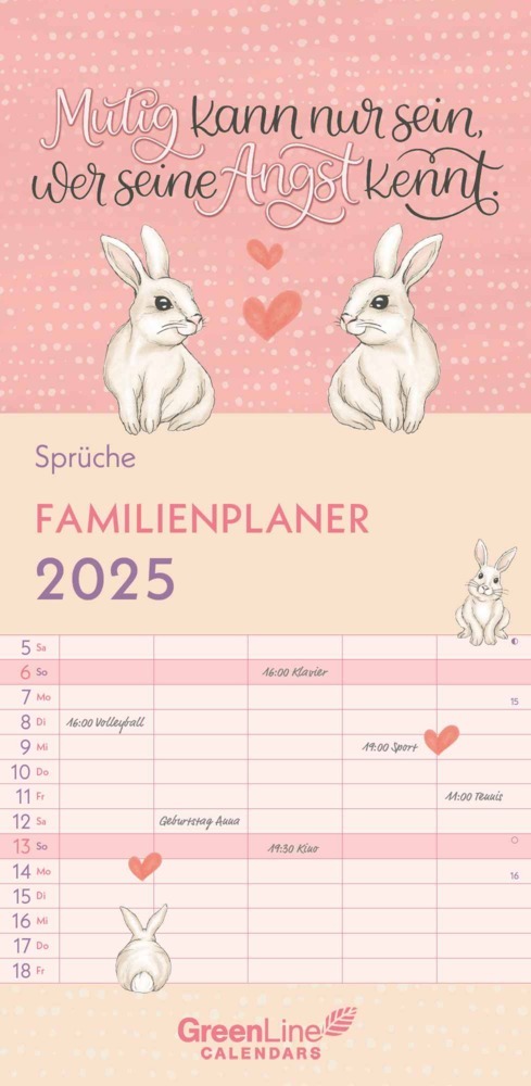 GreenLine - Sprüche 2025 Familienplaner, 22x45cm, Familienkalender mit effizienter Monatsaufteilung in 5 Spalten, für Familienorganisation, Schulferien und Stundenpläne, mit Spiralbindung