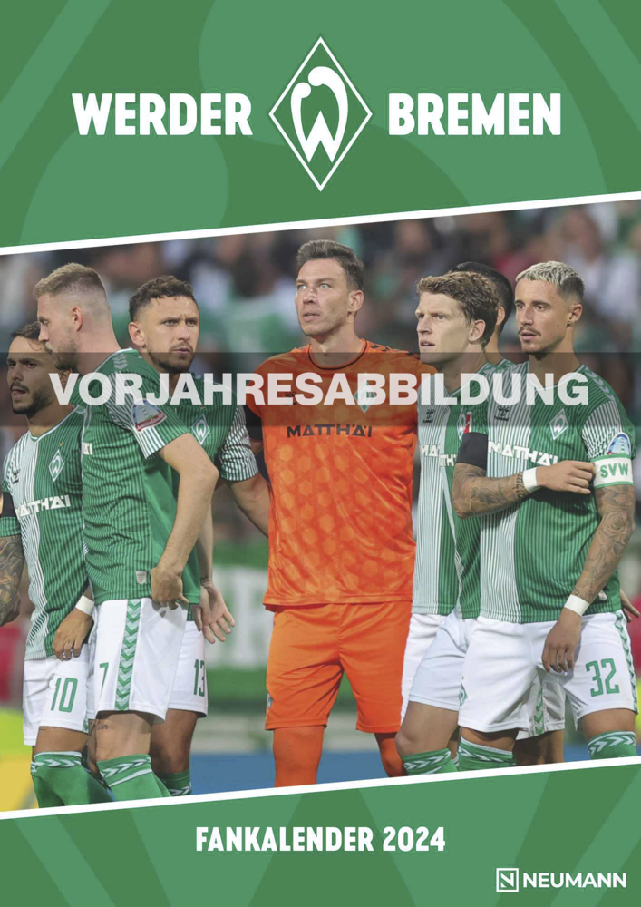 N NEUMANNVERLAGE - Werder Bremen 2025 Wandkalender, 29,7x42cm, Fußball-Kalender mit Motiven der Stars, Fan-Kalender mit Fußball-Highlights, Spiralbindung und deutsches Kalendarium