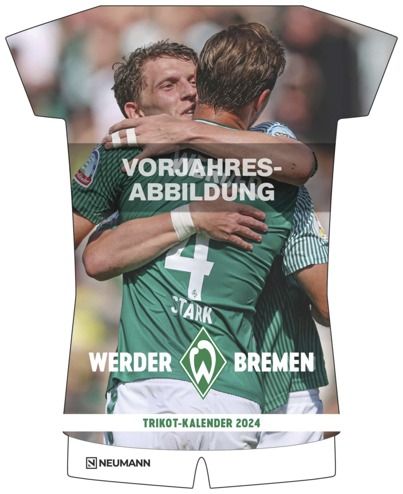 N NEUMANNVERLAGE - Werder Bremen 2025 Trikotkalender, 34,1x42cm, Fußball-Kalender mit Motiven der Stars, Fan-Kalender mit Fußball-Highlights, Spiralbindung und internationales Kalendarium