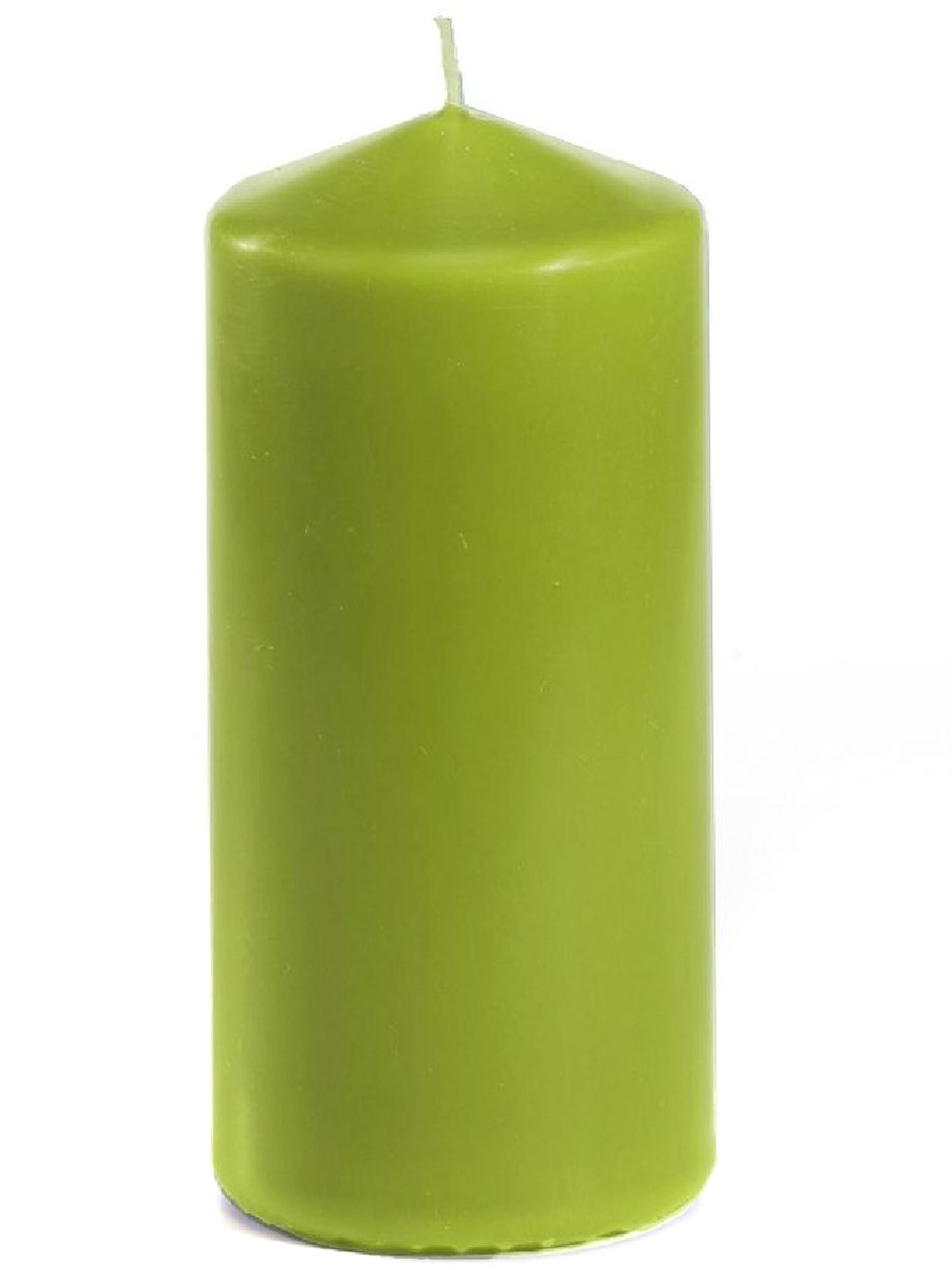 Grüne Stumpenkerze in zylindrischer Form. Die Oberfläche ist glatt und glänzend.