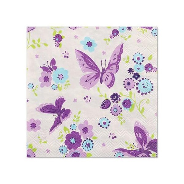 Serviette mit bunten Schmetterlingen und Blumen. Farben sind lila, blau und grün auf hellem Hintergrund.