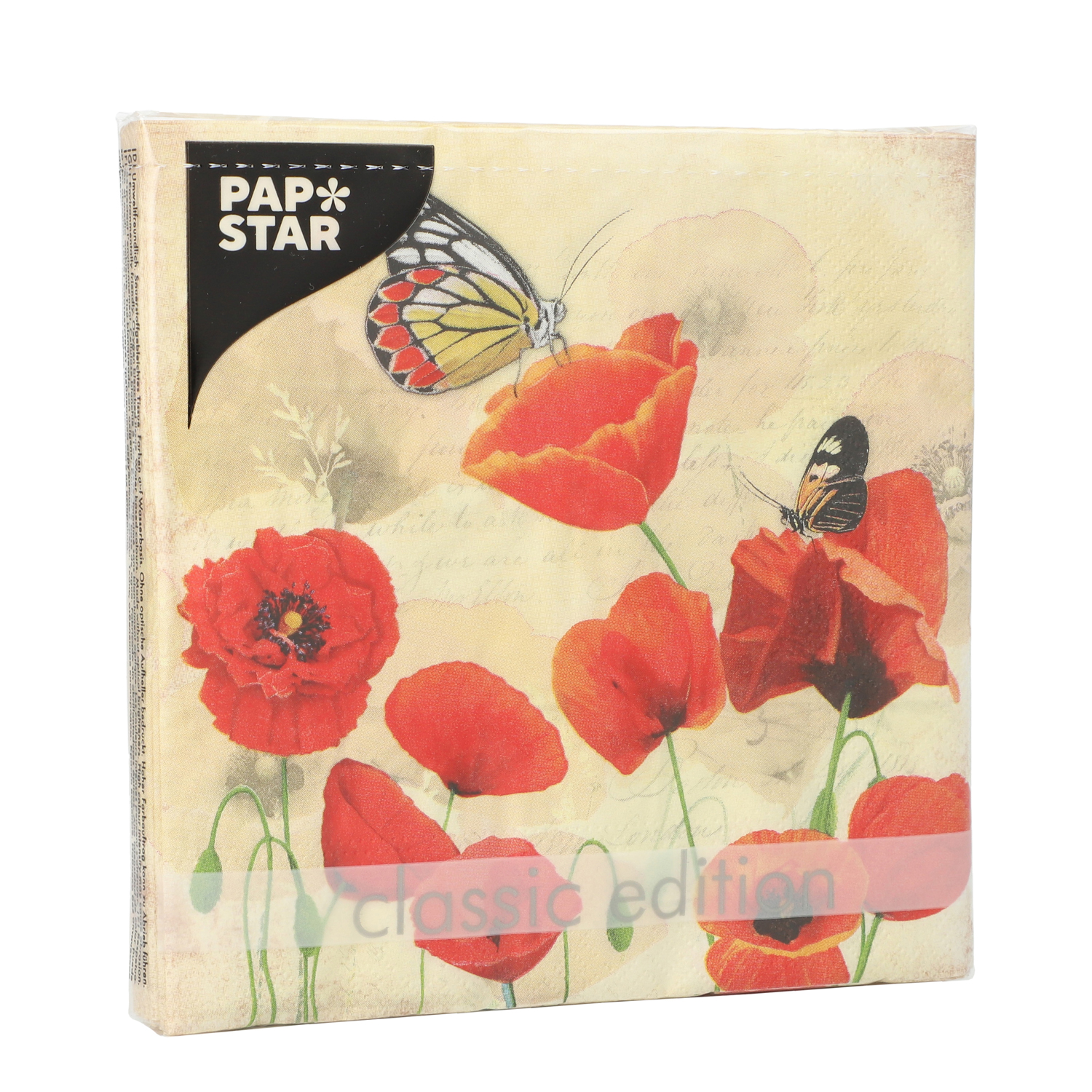 Servietten mit buntem Blumenmuster. Rote Mohnblumen und Schmetterlinge. Sanfter, heller Hintergrund.