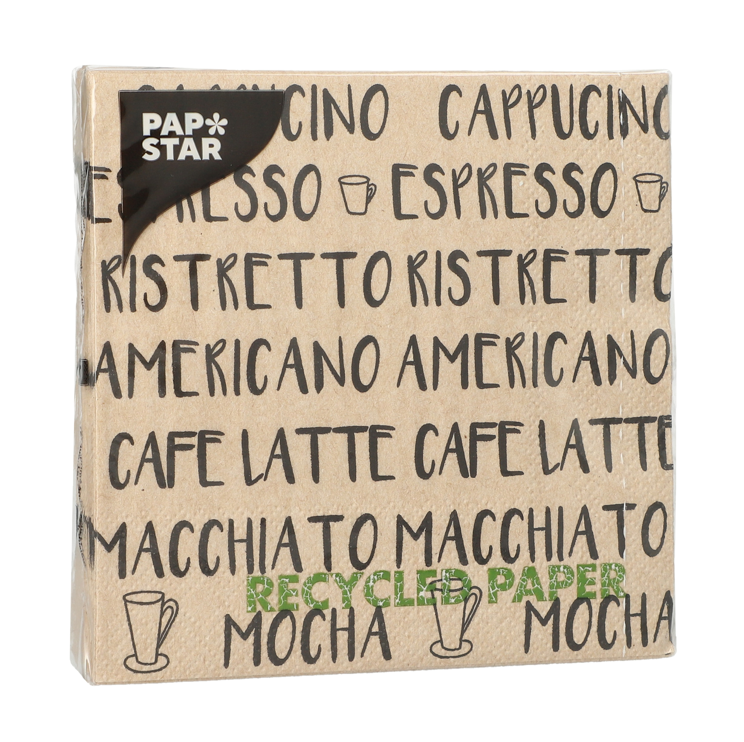 Paket mit Servietten aus recyceltem Papier. Auf der Oberfläche sind verschiedene Kaffeetypen in schwarzer Schrift auf braunem Hintergrund.