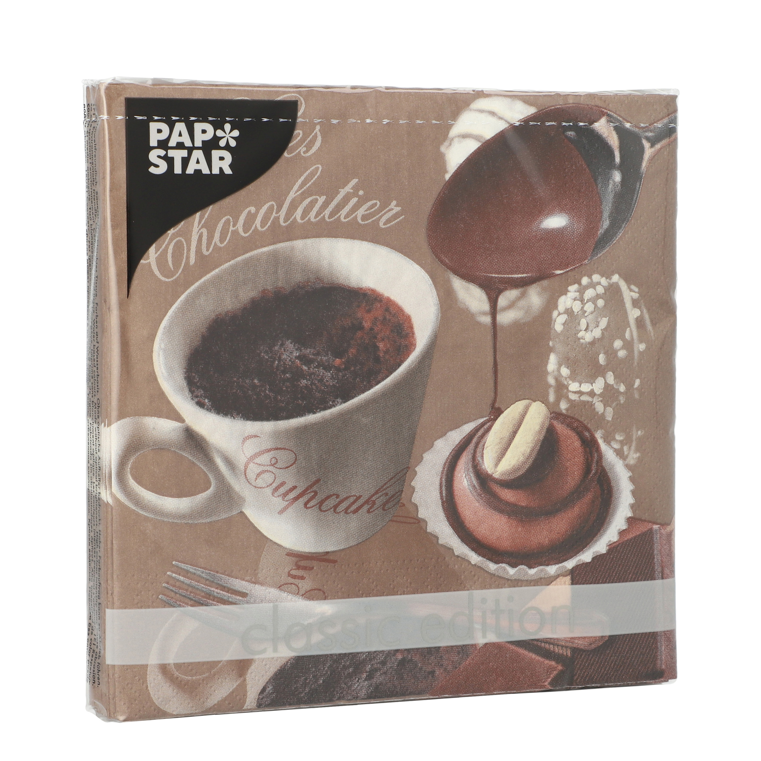 Servietten mit Schokoladenthema. Abgebildet sind eine Tasse, Cupcakes und Schokoladensauce.
