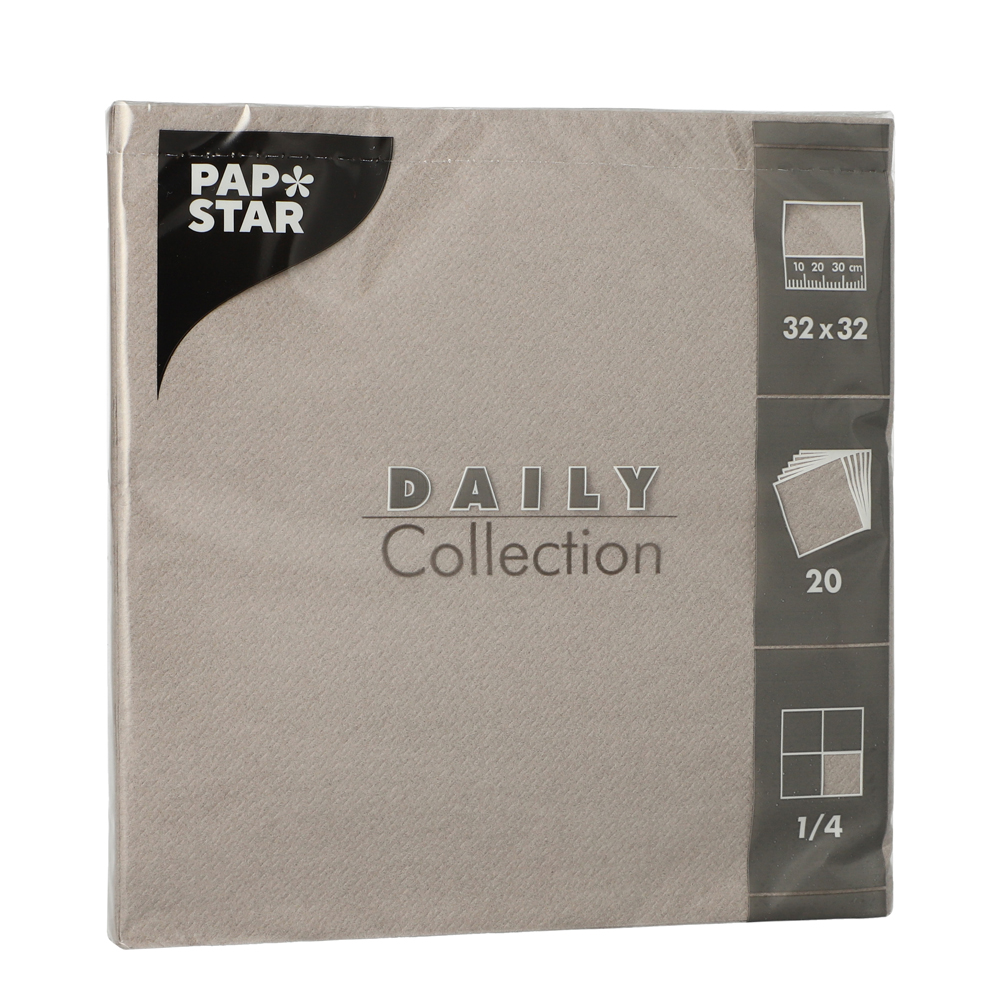 Packung mit 20 grauen Servietten. Größe 32 x 32 cm. Teil der Daily Collection. Verpackt in transparenter Folie.