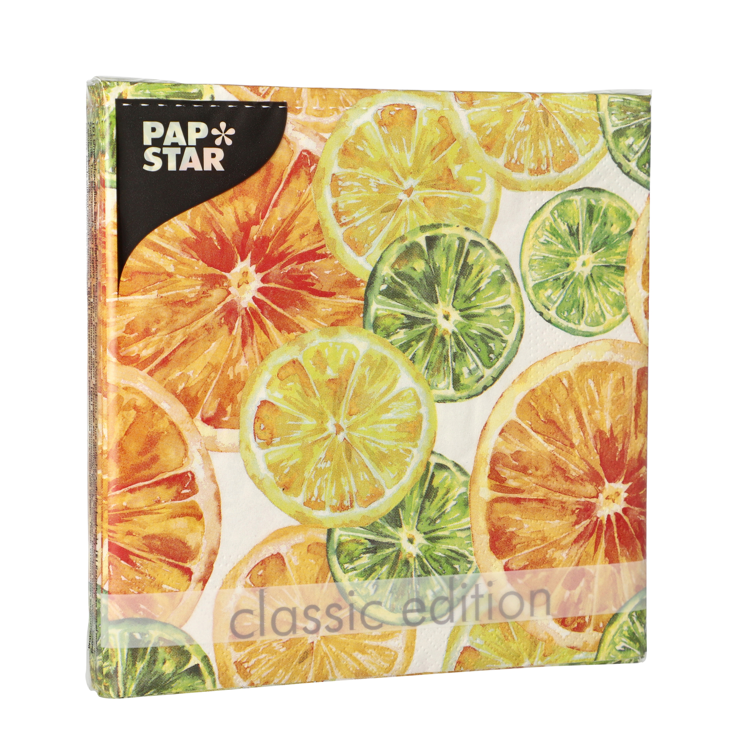 Servietten mit bunten Zitrusfrüchten in orange, gelb und grün. Das Design ist fröhlich und sommerlich.