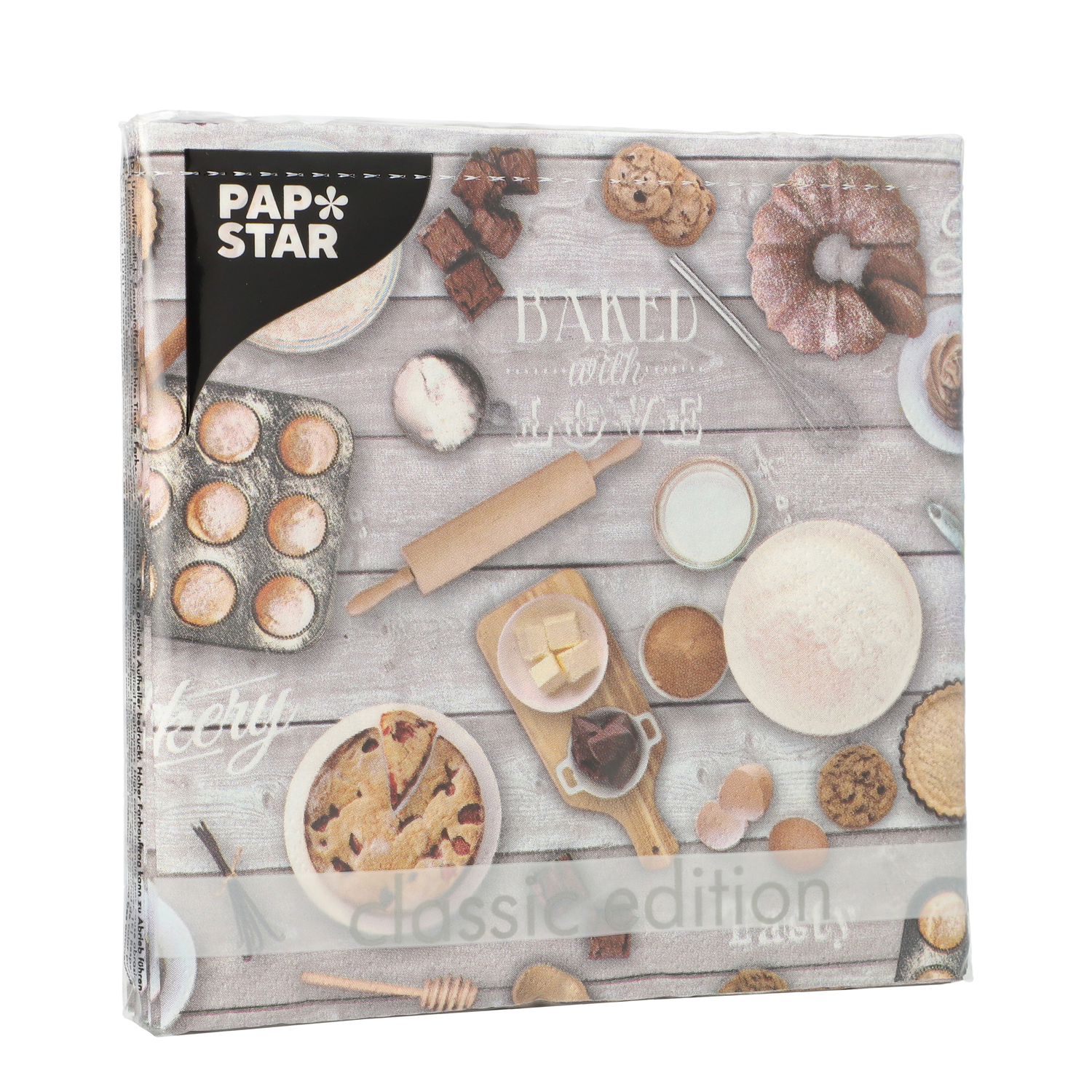 Verpackung mit Backutensilien und Gebäckmotiven. Schriftzug 'Baked with Love' auf Holzoptik.