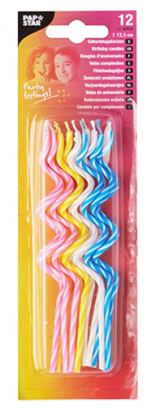12 bunte Geburtstagskerzen in Spiralform. Farben: pink, gelb, blau und weiß.
