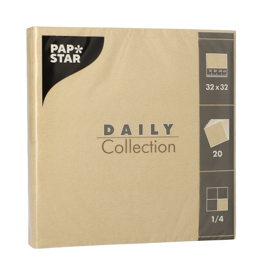 Beige Papierservietten in quadratischer Form. Packung enthält 20 Stück.