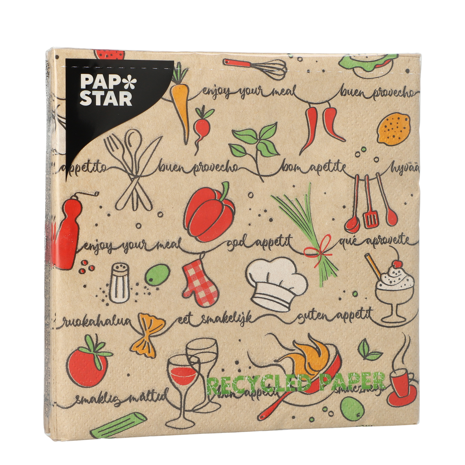 Papierservietten mit bunten Küchenmotiven. Auf der Verpackung stehen verschiedene Essenswünsche in mehreren Sprachen.