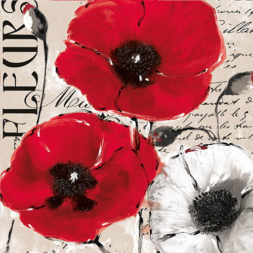 Drei rote Mohnblumen und eine weiße Blume auf einem beige Hintergrund. Schriftzüge und handschriftliche Notizen sind sichtbar.
