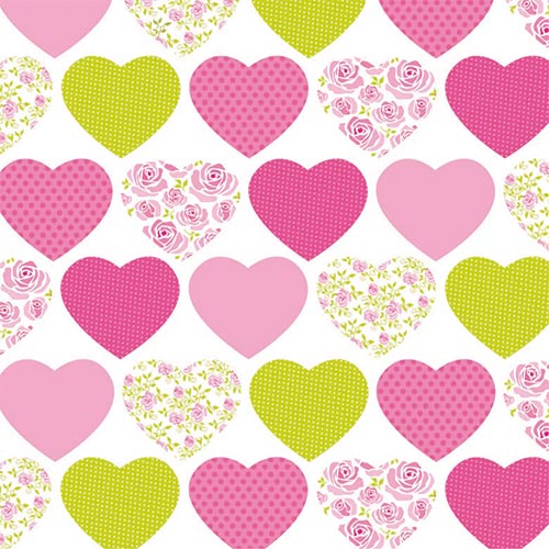 Muster mit Herzen in verschiedenen Farben. Pinke und grüne Herzen mit Blumen- und Punktmustern.