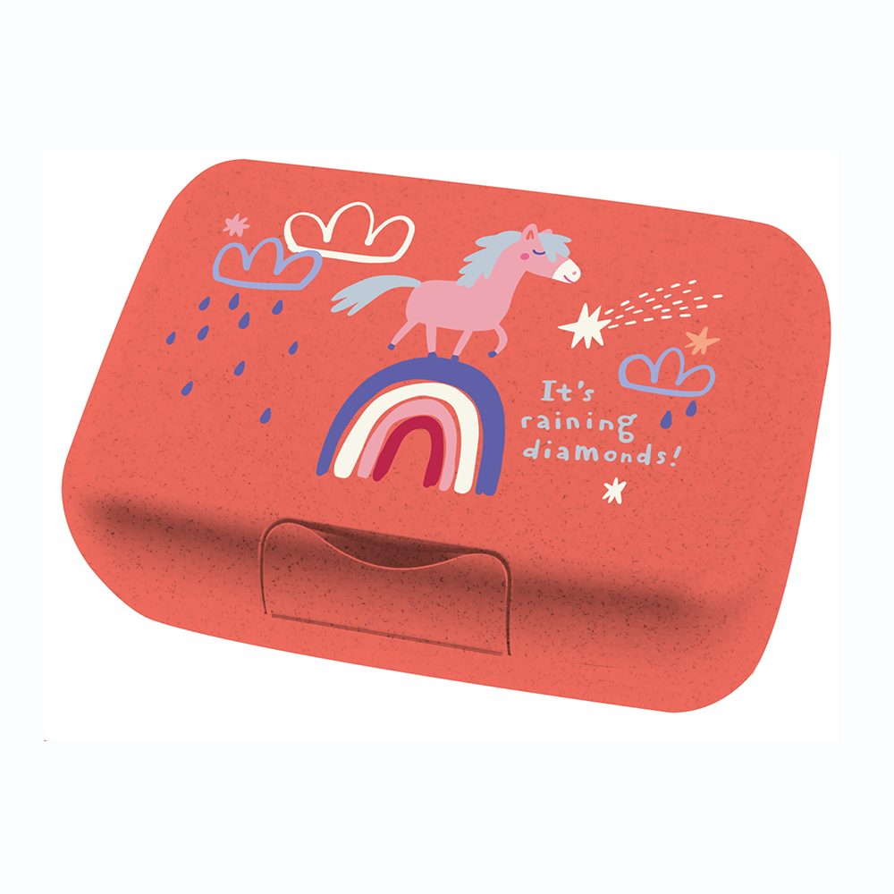 Rote Box mit bunten Illustrationen. Ein Einhorn, Regenbogen und der Text 'It's raining diamonds!'.