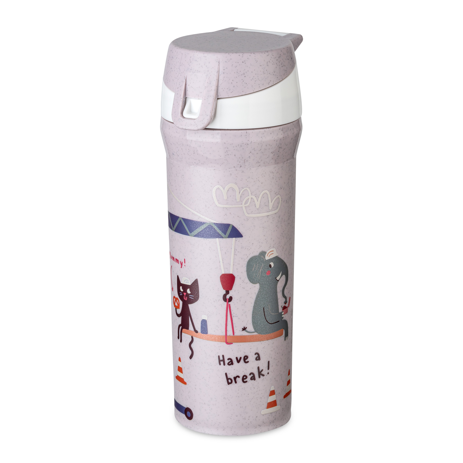 Thermobecher in lila mit Tiermotiven. Aufdruck mit der Aufschrift 'Have a break!'.