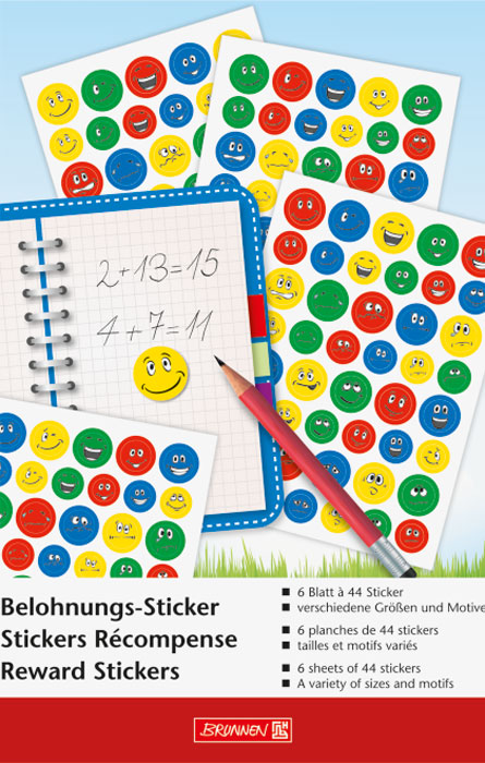 Sechs Blätter mit bunten Belohnungsstickern. Verschiedene smiley Motive in rot, blau, gelb und grün.