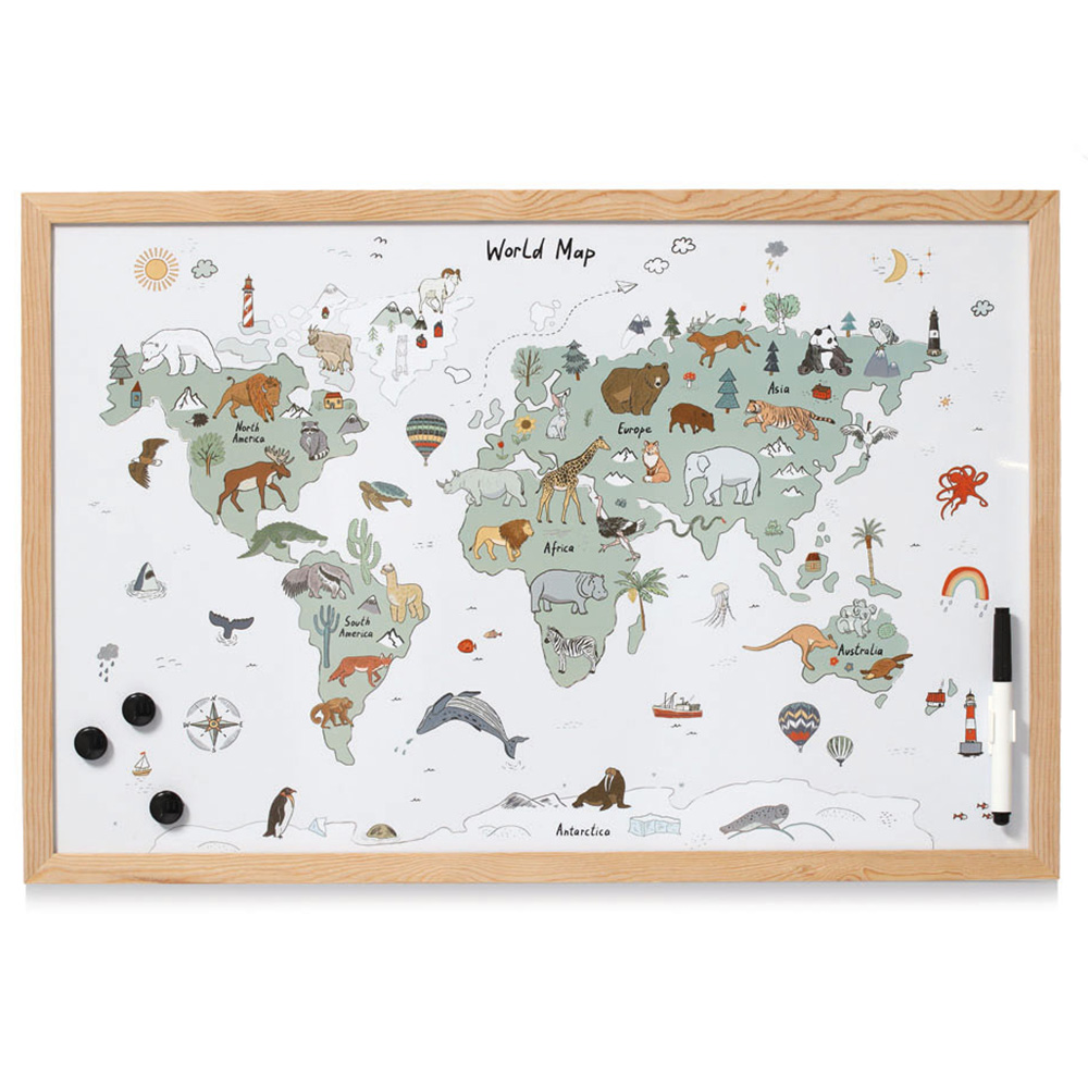 Weltkarte mit Illustrationen von Tieren in verschiedenen Regionen. Bunte Darstellung mit einem Holzrahmen.