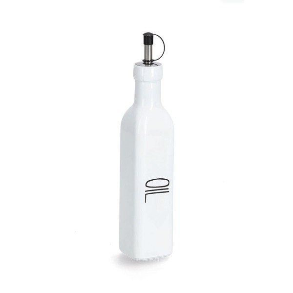 Weiße Ölflasche mit schmalem Hals und schwarzem Ausgießer. Auf der Flasche steht das Wort 'OIL'.
