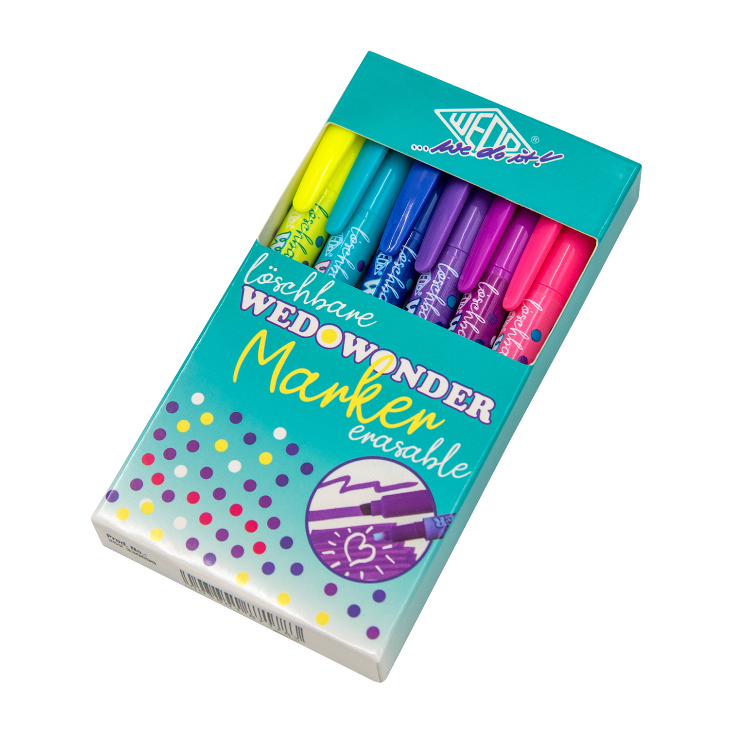 Packung mit löschbaren Markern in verschiedenen Farben. Enthält lila, pink, blau, grün und gelb.