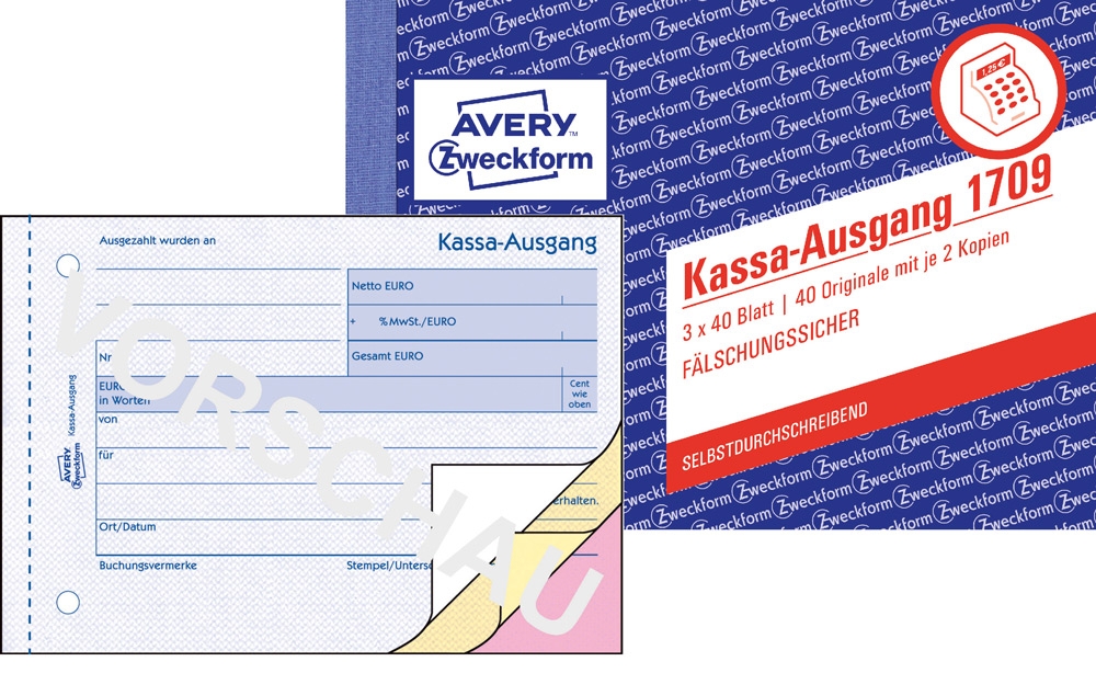 Kassenausgangsformular in Blau mit mehreren Feldern für Beträge. Enthält Hinweise zur Fälschungssicherheit.