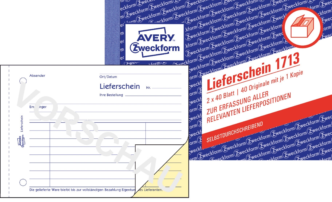 Lieferschein in gelb und rot. Enthält Felder für Absender, Empfänger, Ort und Datum. 40 Blatt, selbstdurchschreibend.
