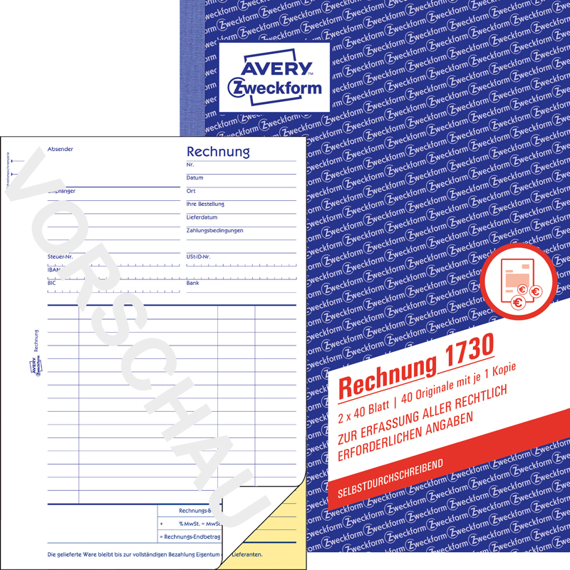 Rechnungsvorlage von Avery Zweckform. Enthält Felder für Absender, Empfänger und Rechnungsdetails.