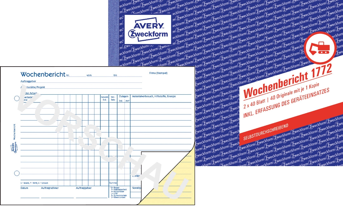 Wochenbericht Formular von Avery Zweckform. Enthält Tabellen für Arbeitszeiterfassung und Materialverbrauch.