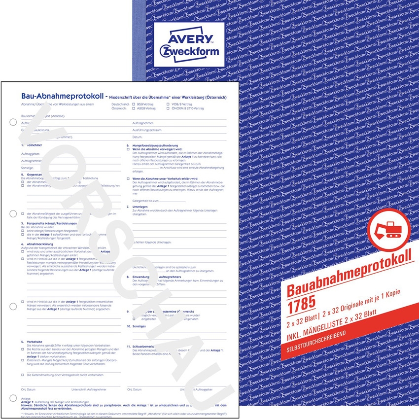 Bau-Abnahmeprotokoll in blauem Design. Enthält Felder für Angaben zur Abnahme einer Werkleistung.