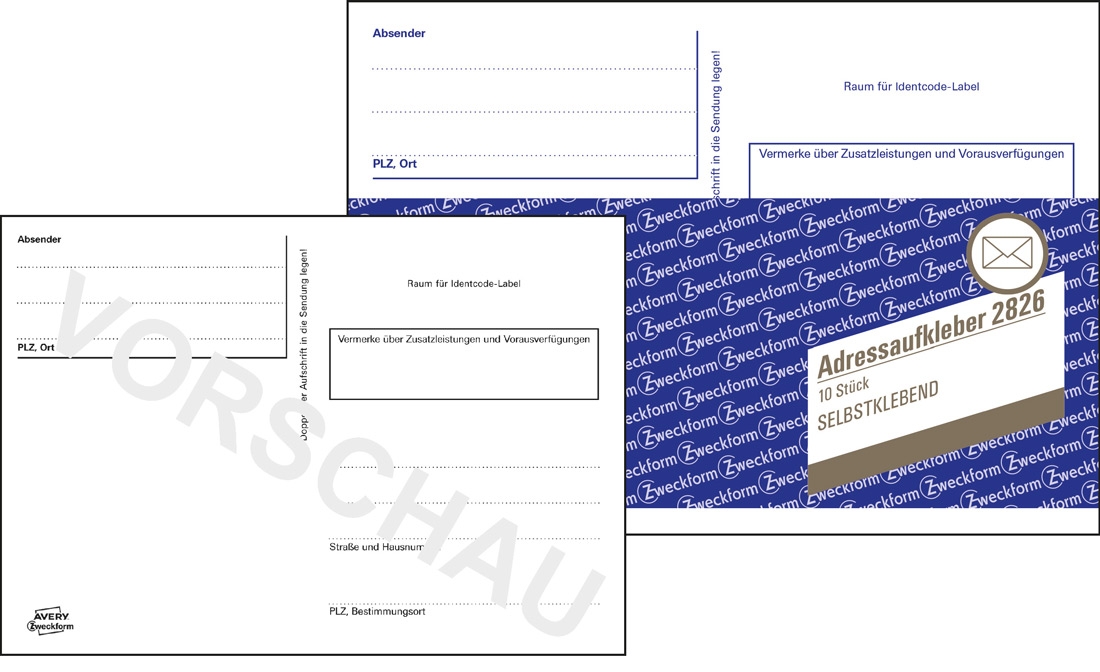 Postkarte mit Platz für Absender und Identcode-Label. Enthält Hinweise für Zusatzleistungen.