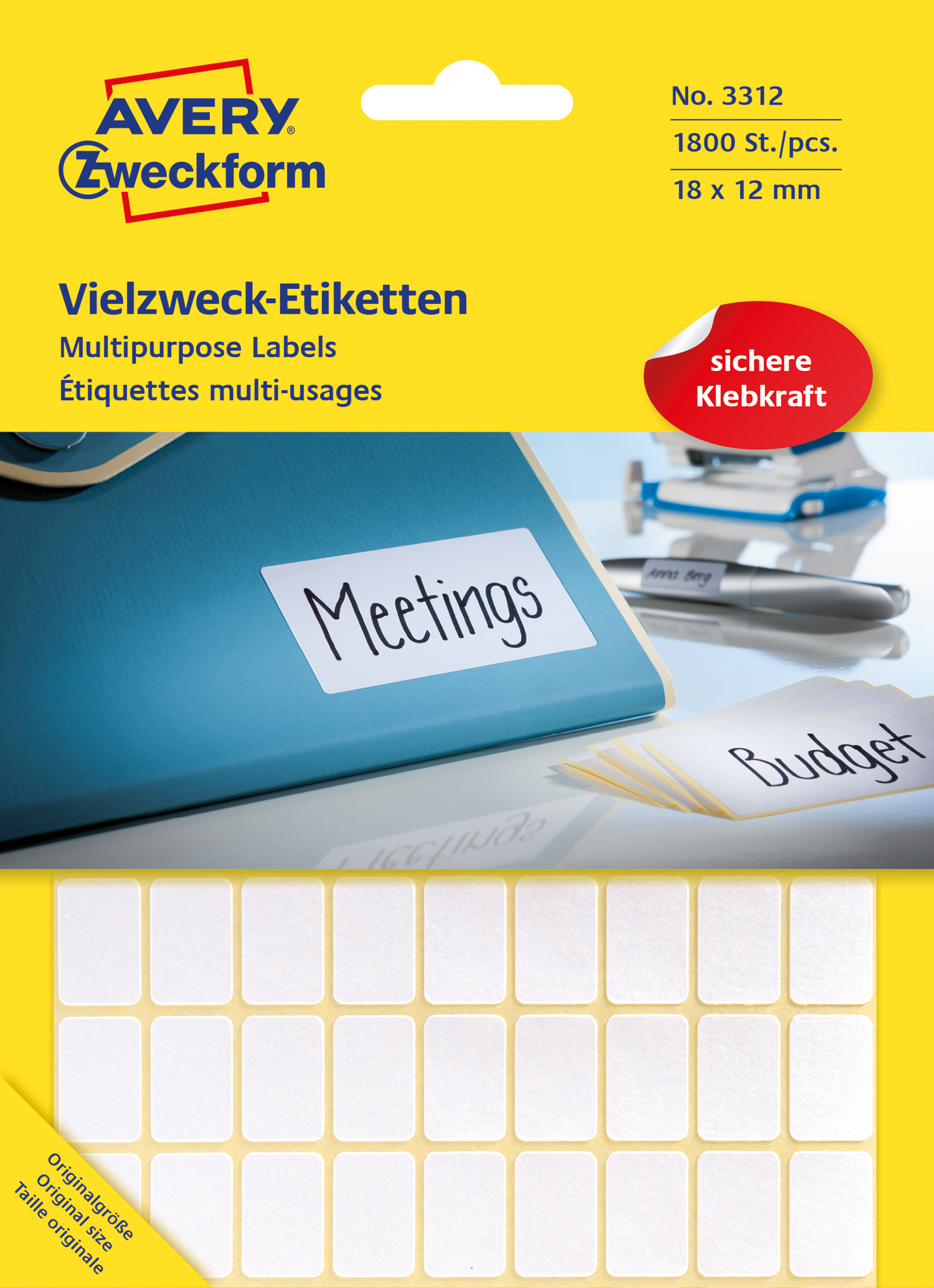 Packung mit vielseitigen Etiketten in weiß. Enthält Beschriftungen für Meetings und Budget.