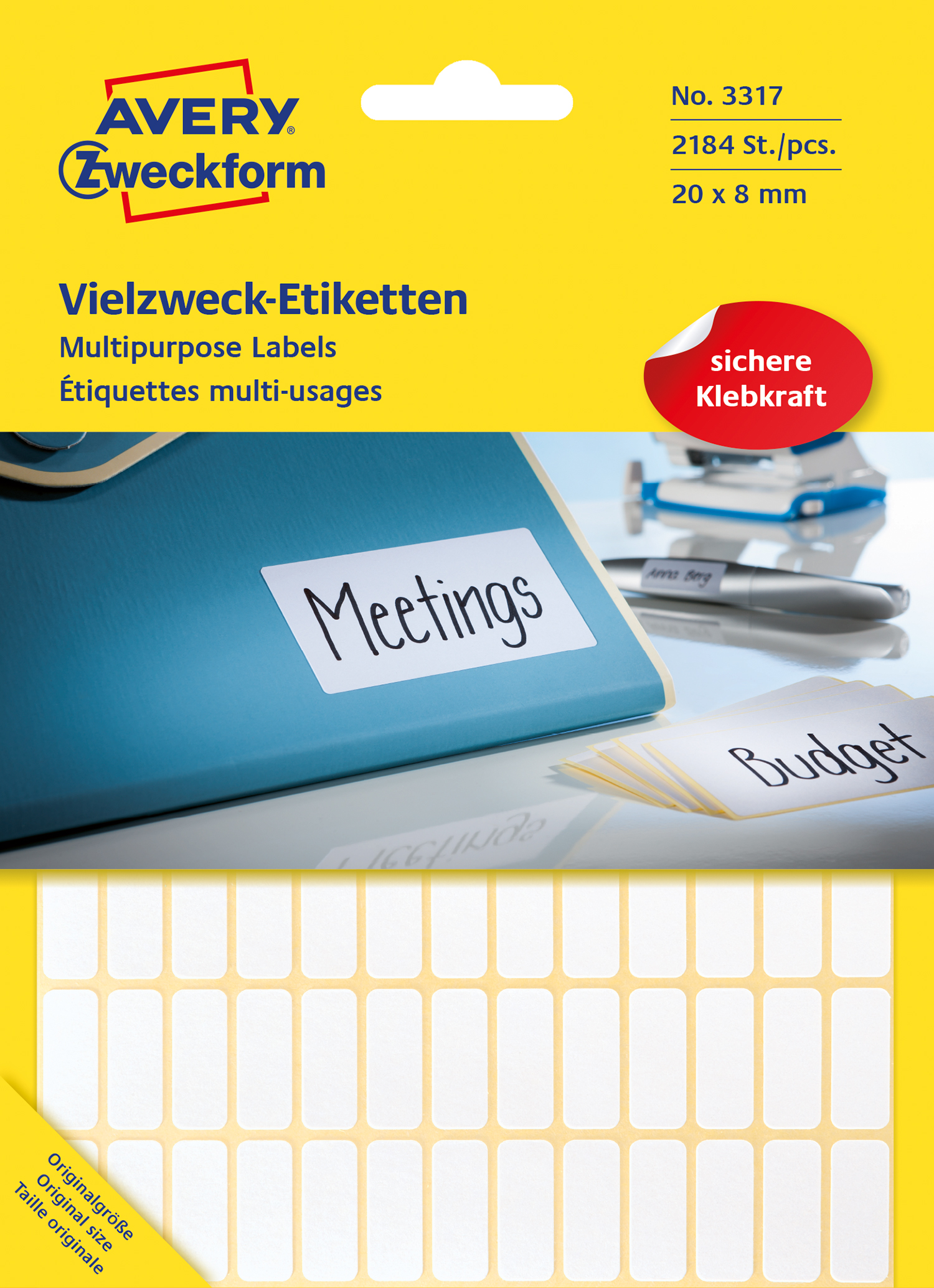 Gelbe Verpackung mit dem Logo 'Avery Zweckform'. Multipurpose Labels, 20 x 8 mm, 2184 Stück. Auf einem blauen Ordner steht das Wort 'Meetings'. Daneben liegen beschriftete Karten mit 'Budget'.