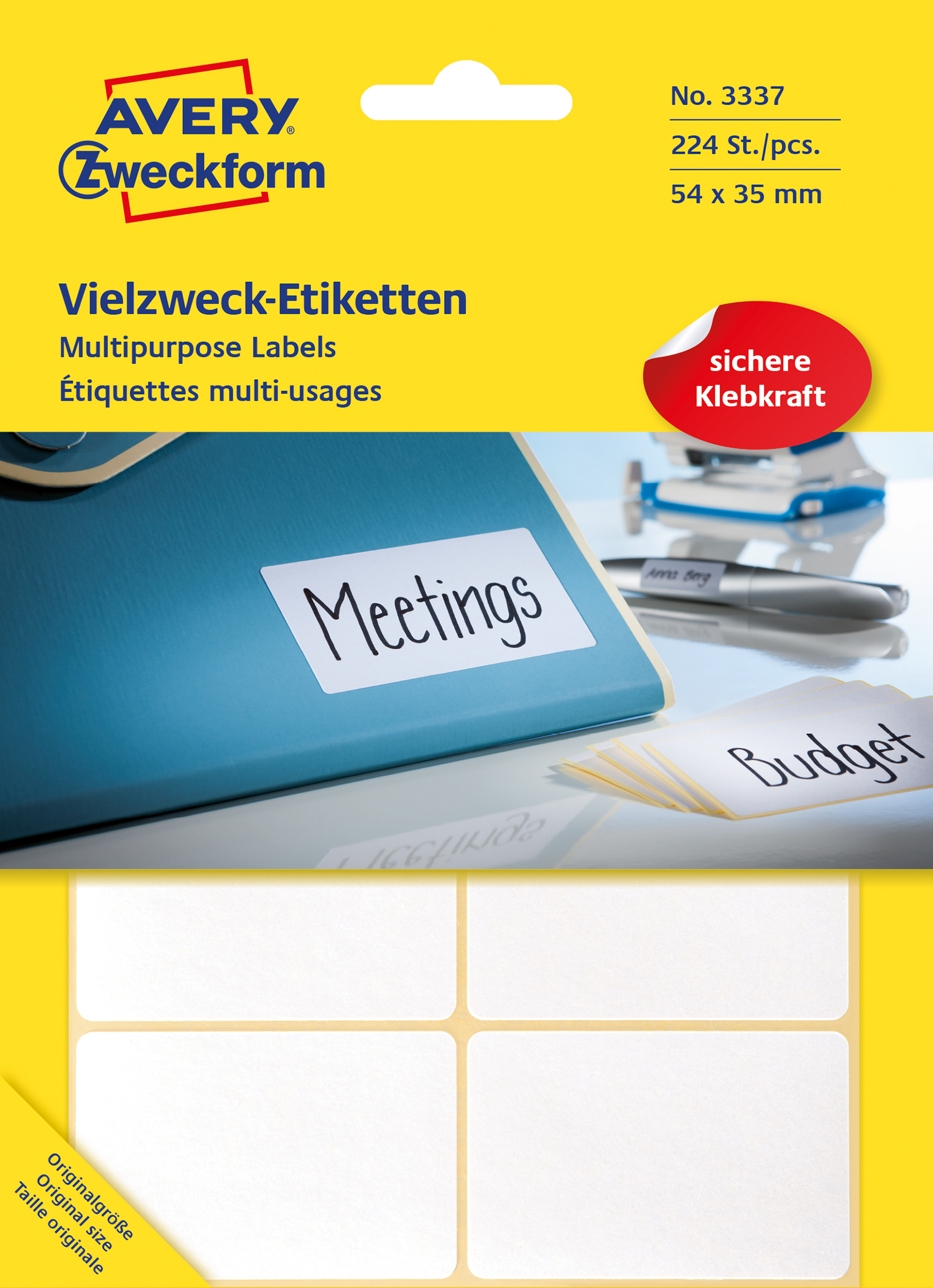 Packung mit vielseitigen Etiketten. Auf der Vorderseite sind die Begriffe Meetings und Budget sichtbar.