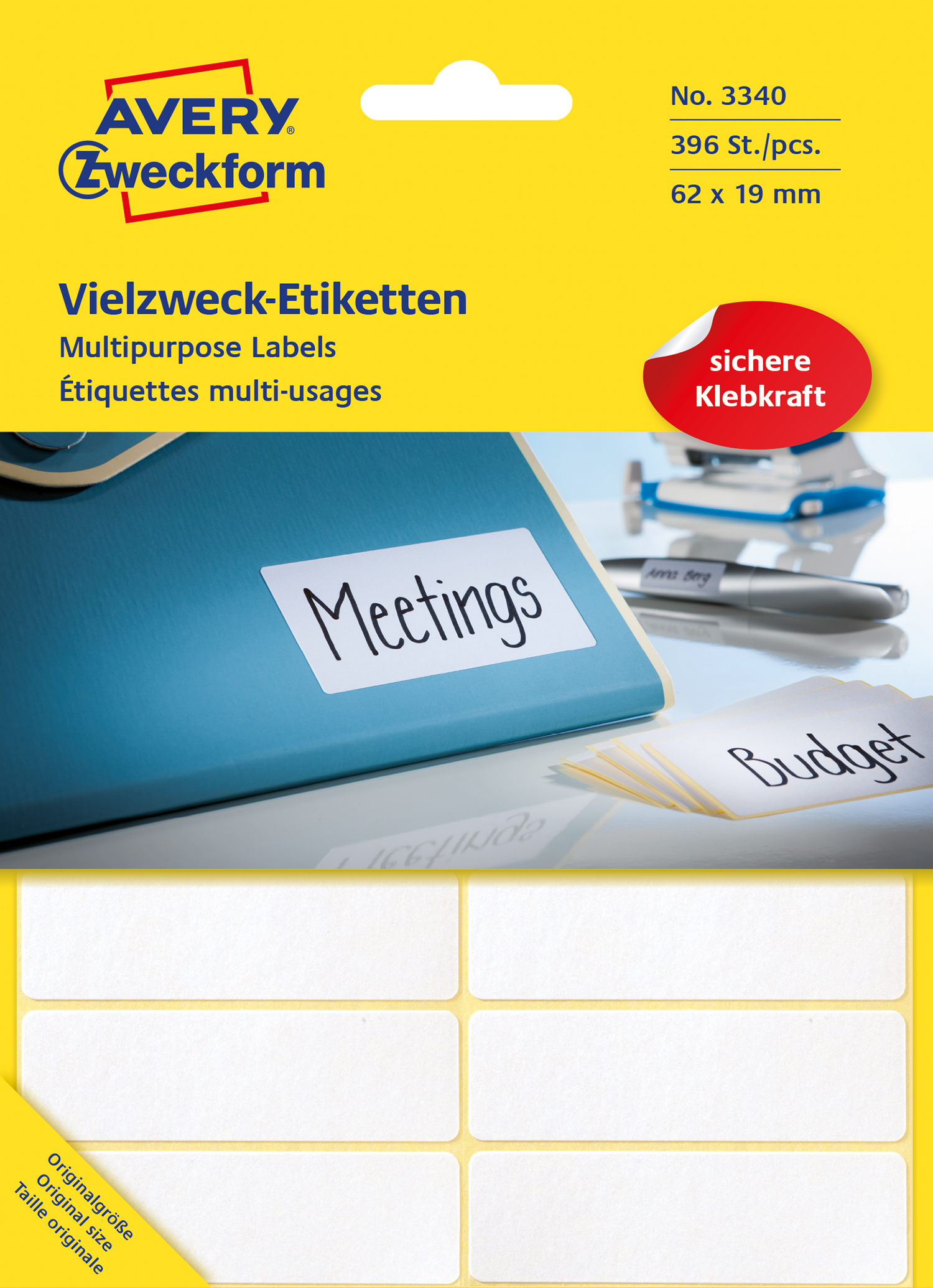 Gelbe Verpackung mit Aufschrift 'Vielzweck-Etiketten'. Enthält leere Etiketten zum Beschriften.
