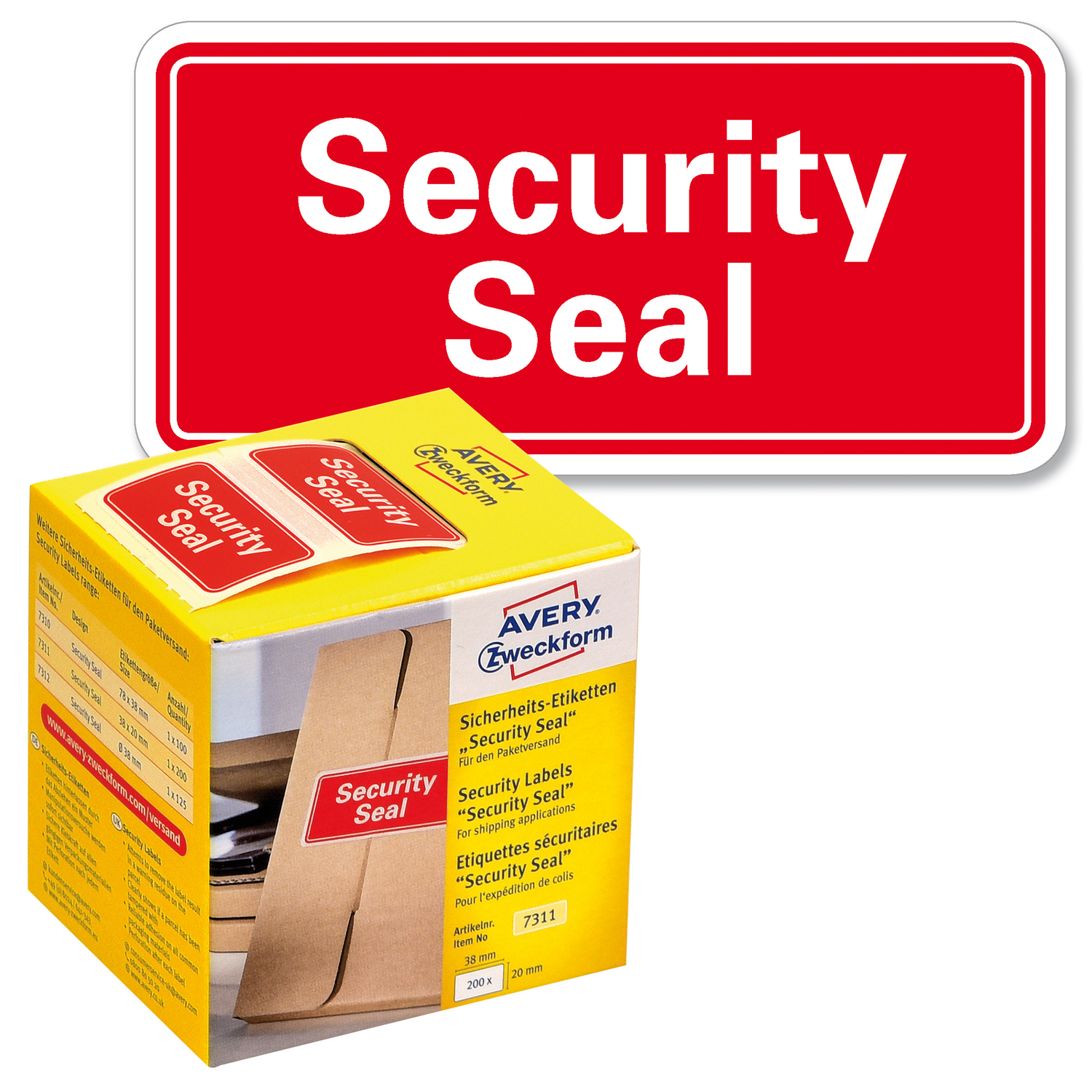 Gelbe Verpackung mit Aufklebern für Sicherheitsanwendungen. Roter Schriftzug 'Security Seal' auf der Vorderseite.